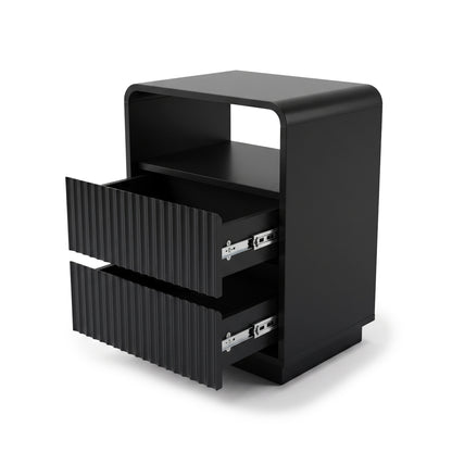 Black nightstand with both drawers pulled out on a white background