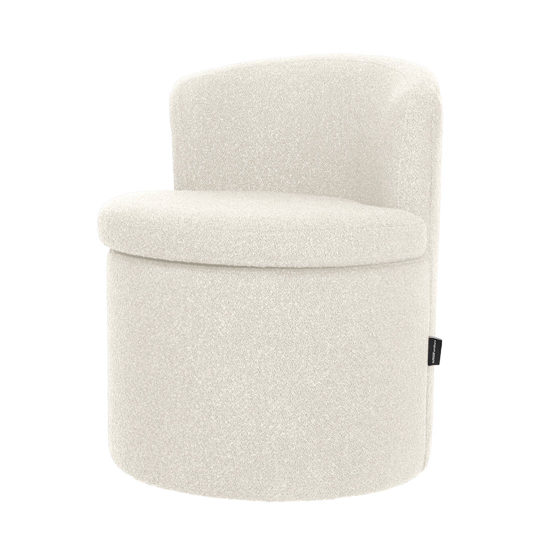 Sorra Boucle Swivel Storage Accent Chair features a cylindrical cream base, soft boucle texture, low curved backrest, hidden storage, and smooth 360-degree swivel, offering modern minimalist style.