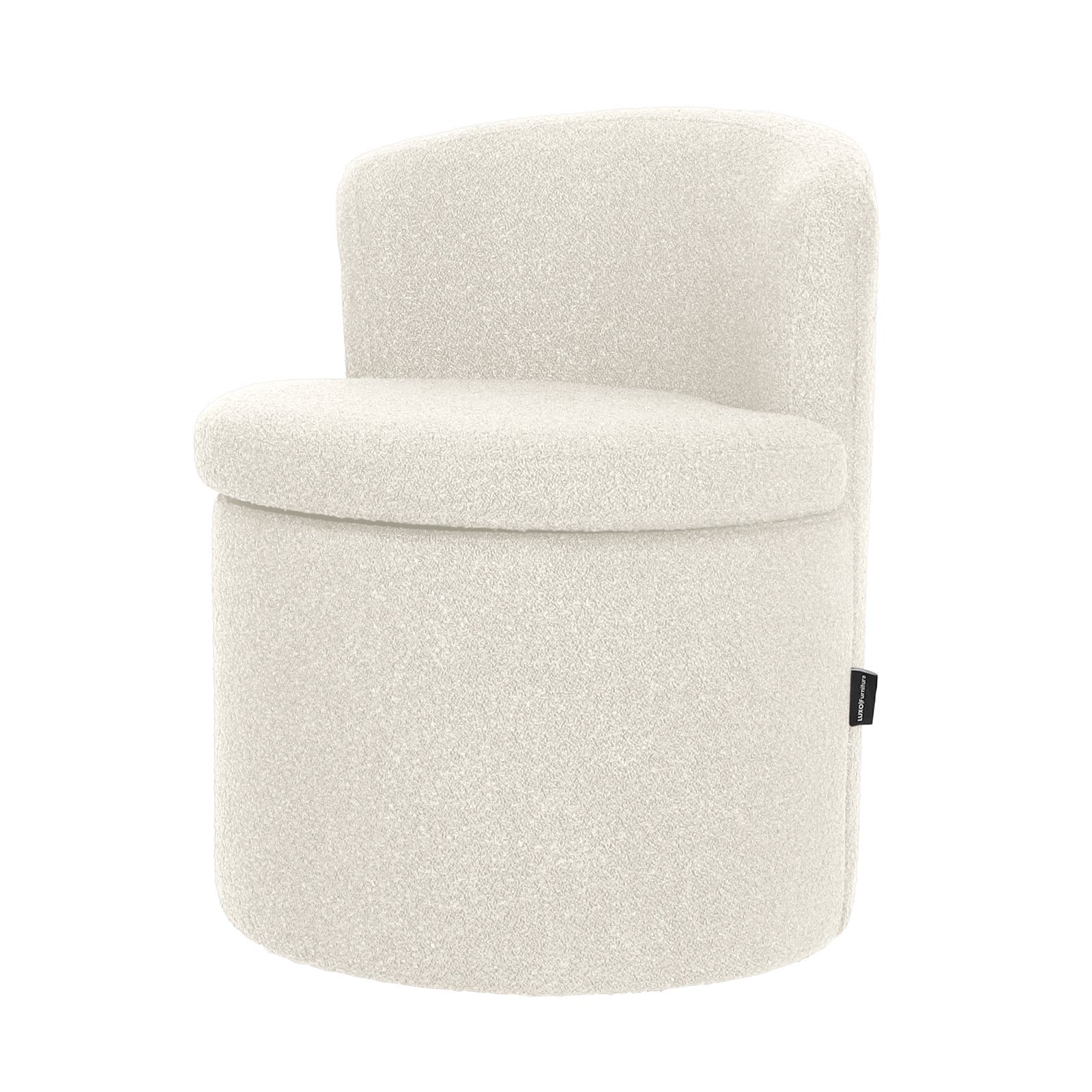 Sorra Boucle Swivel Storage Accent Chair features a cylindrical cream base, soft boucle texture, low curved backrest, hidden storage, and smooth 360-degree swivel, offering modern minimalist style.