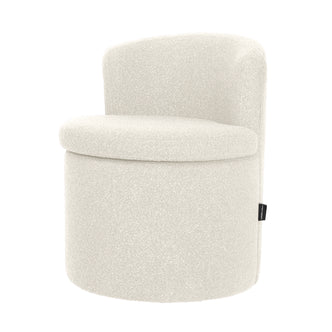 Sorra Boucle Swivel Storage Accent Chair features a cylindrical cream base, soft boucle texture, low curved backrest, hidden storage, and smooth 360-degree swivel, offering modern minimalist style.