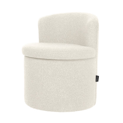 Sorra Boucle Swivel Storage Accent Chair features a cylindrical cream base, soft boucle texture, low curved backrest, hidden storage, and smooth 360-degree swivel, offering modern minimalist style.