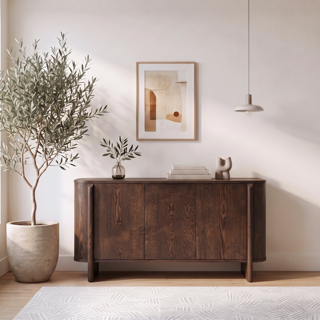 Dark wood sideboard styled in a modern room with decor