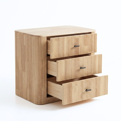 Three-drawer wooden nightstand with partially open drawers on a white background