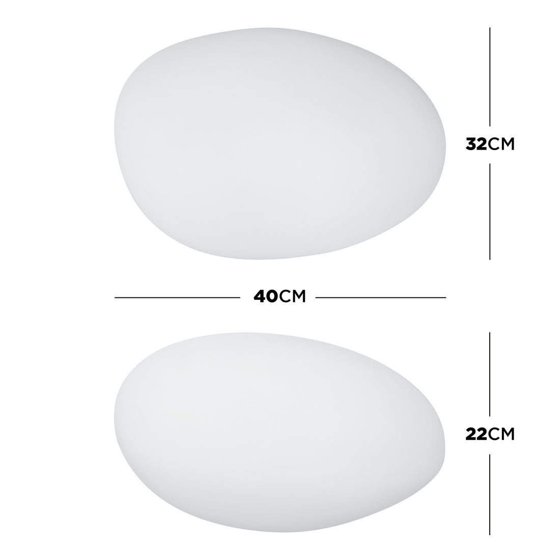 Sizing diagram of the Solar Charging Outdoor LED Rock Light Waterproof Stone Lamp, showing two white, oval shapes with dimensions: top 40x32 cm and bottom 40x22 cm, resembling minimal flush-mount lights.