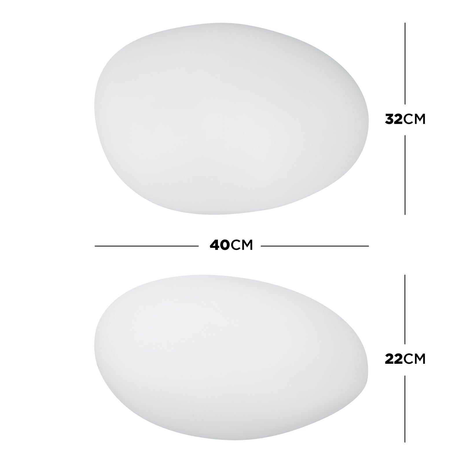 Sizing diagram of the Solar Charging Outdoor LED Rock Light Waterproof Stone Lamp, showing two white, oval shapes with dimensions: top 40x32 cm and bottom 40x22 cm, resembling minimal flush-mount lights.