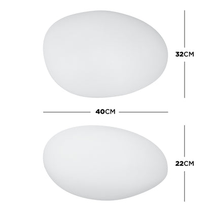 Sizing diagram of the Solar Charging Outdoor LED Rock Light Waterproof Stone Lamp, showing two white, oval shapes with dimensions: top 40x32 cm and bottom 40x22 cm, resembling minimal flush-mount lights.