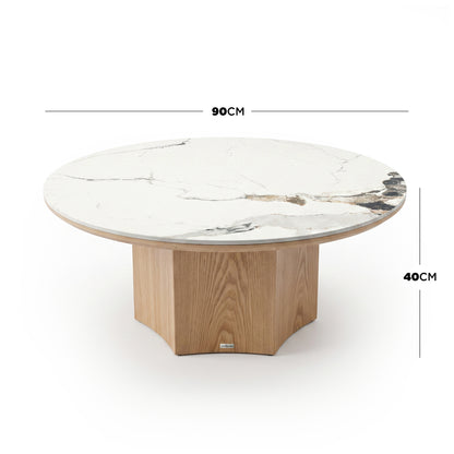Round coffee table on white background with 90 cm diameter and 40 cm height dimensions shown
