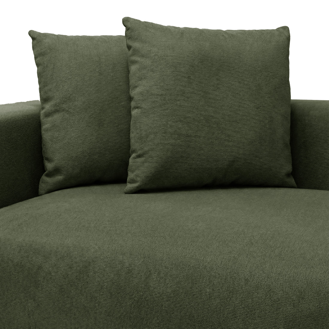 Partial view of green sofa seat and back cushions on white background