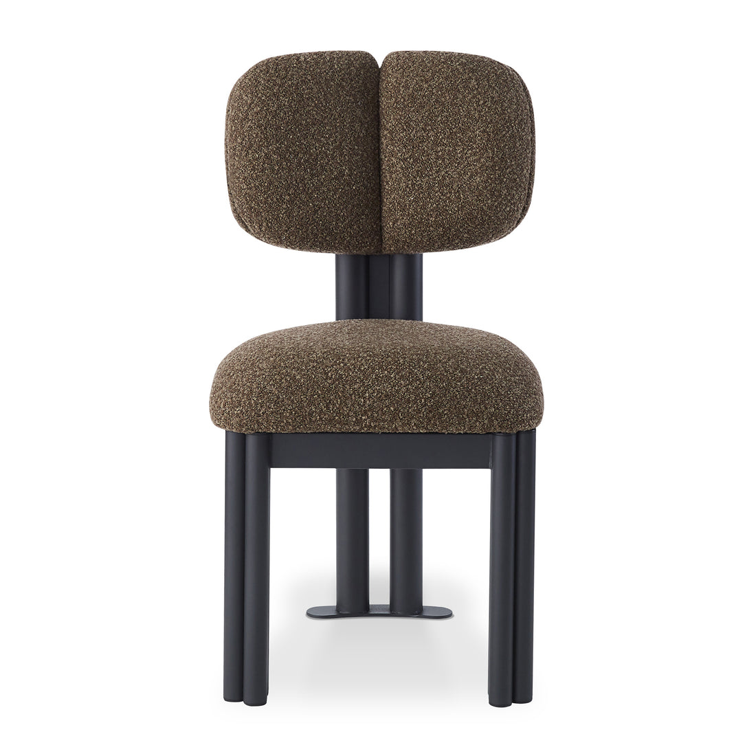 Norii Boucle Fabric Dining Chair in Rust Brown features a brown boucle-textured seat, split backrest, and slim black metal frame and legs, offering modern style and plush comfort.