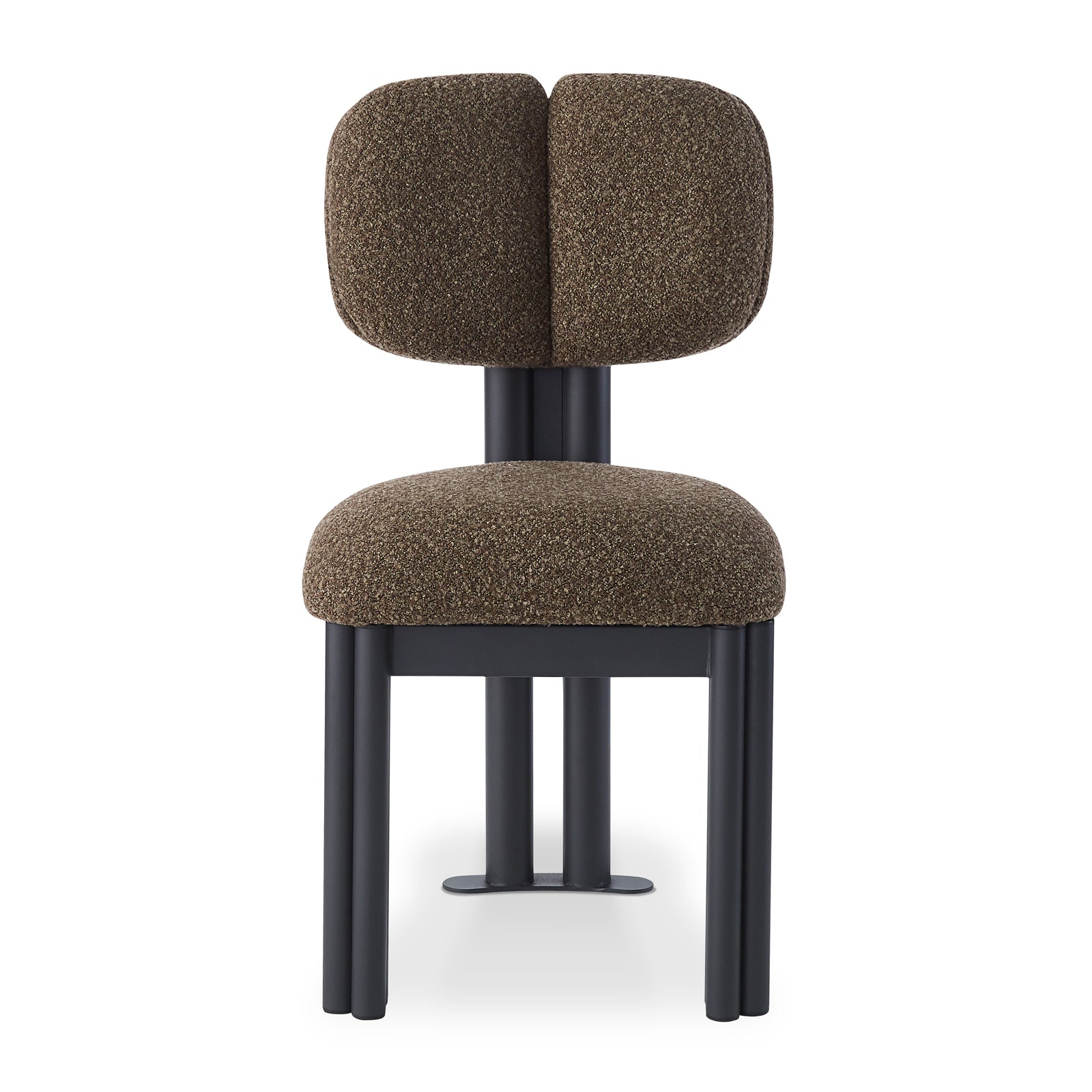 Norii Boucle Fabric Dining Chair in Rust Brown features a brown boucle-textured seat, split backrest, and slim black metal frame and legs, offering modern style and plush comfort.