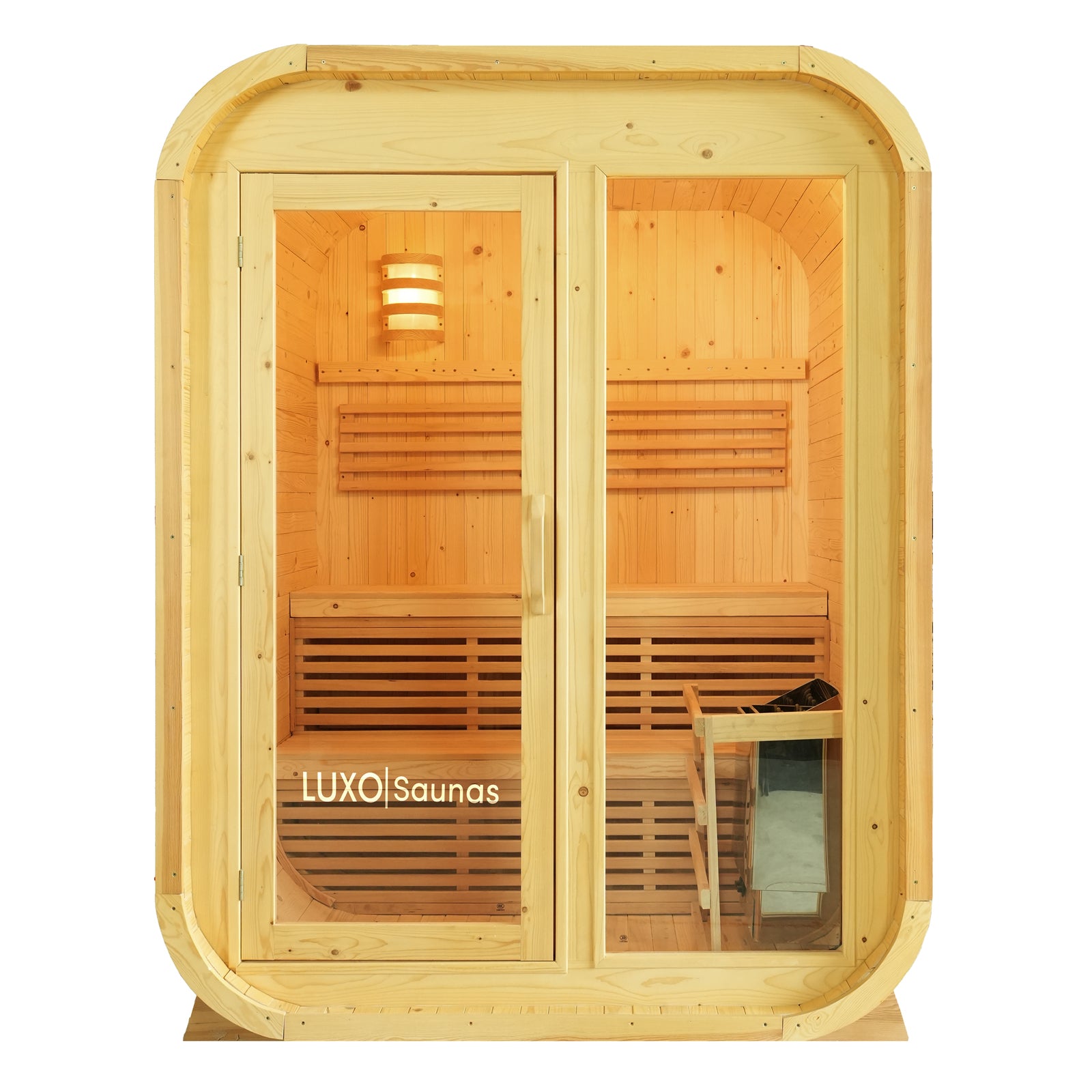 Waru 3 Person Traditional Finnish Outdoor Sauna in Natural: A compact wooden sauna cabin with glass doors, tiered benches, and a corner stove, offering a cozy, modern Finnish retreat experience at home.