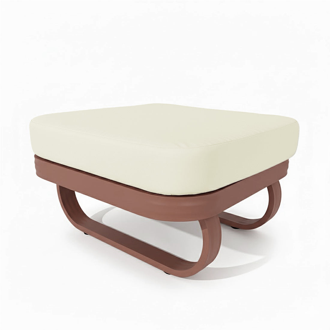 Paloma Modular Outdoor Lounge Set features a compact ottoman with a cream cushion on a sleek, warm brown bentwood frame, enhancing any outdoor space with modern elegance.