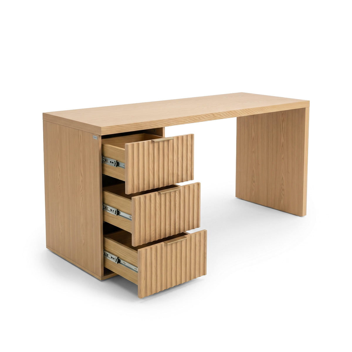 Modern wooden desk with open drawers on a white background