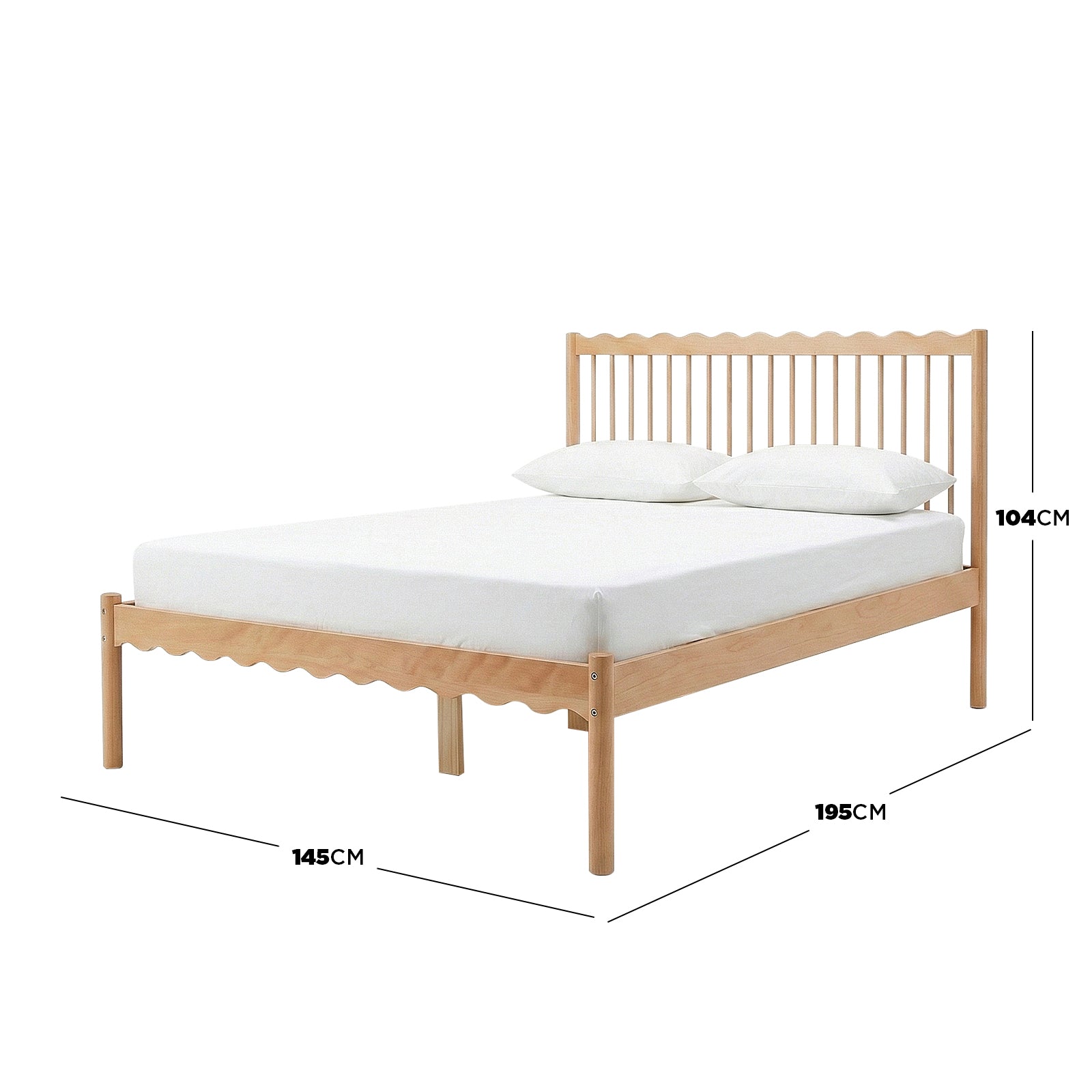 Wooden bed frame with white mattress and pillows showing dimensions