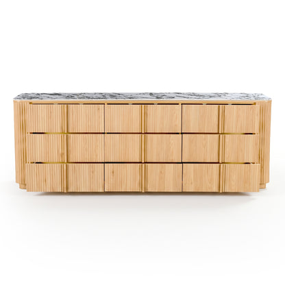 Modern light wood sideboard with a marble top on a white background