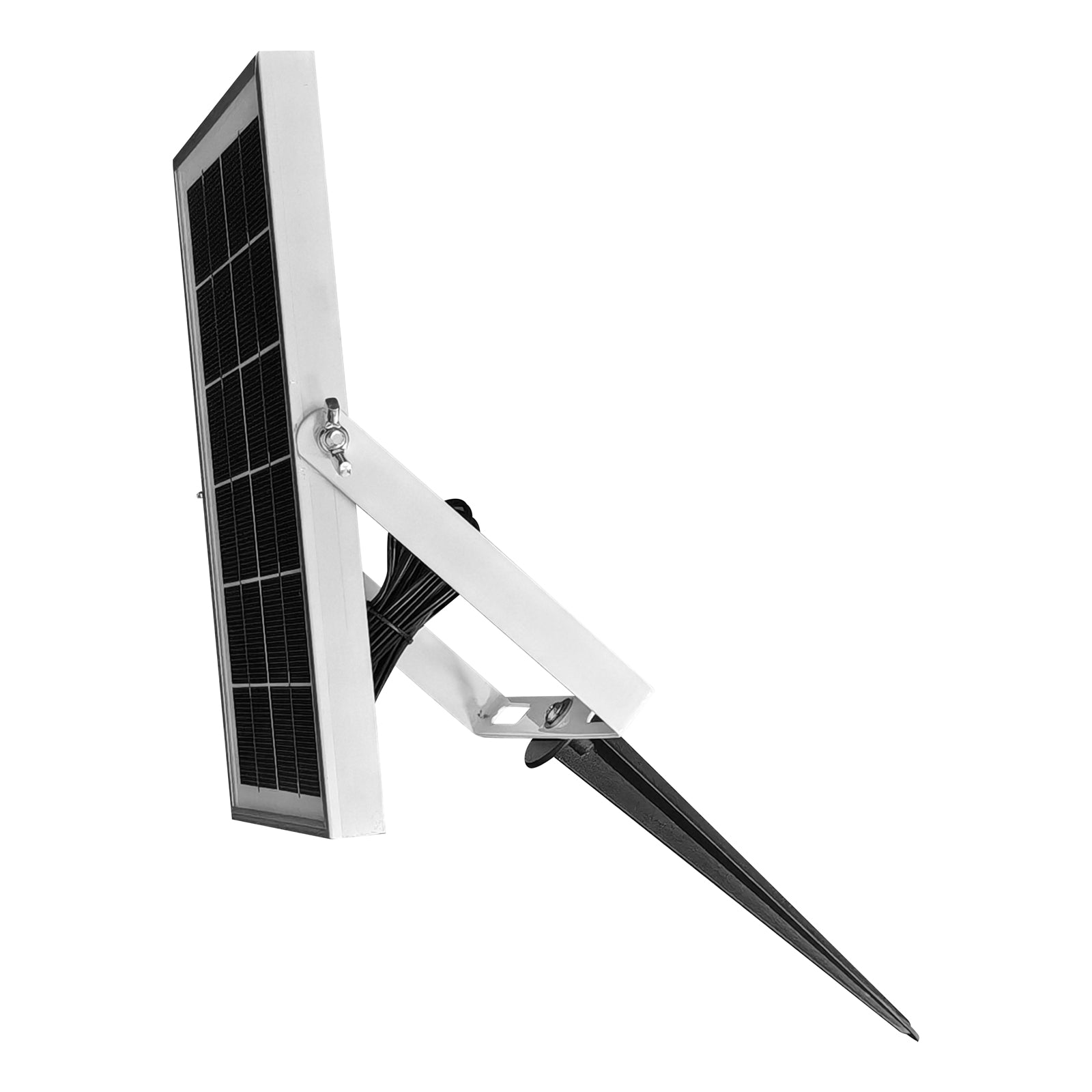 80cm Outdoor Solar LED Column Light featuring a small photovoltaic panel in a white bracket with an adjustable hinge and black ground stake, designed for outdoor solar-powered illumination.
