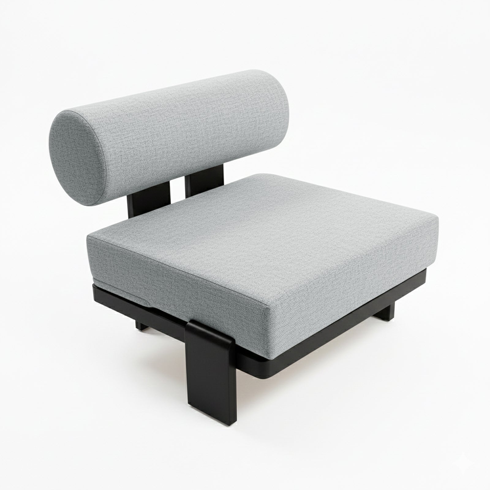 The Modica 5 Seater Aluminium Outdoor Sofa Set in Black & Grey features a modern lounge chair with a thick square seat cushion and cylindrical bolster backrest on a sleek black metal frame.