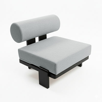 The Modica 5 Seater Aluminium Outdoor Sofa Set in Black & Grey features a modern lounge chair with a thick square seat cushion and cylindrical bolster backrest on a sleek black metal frame.