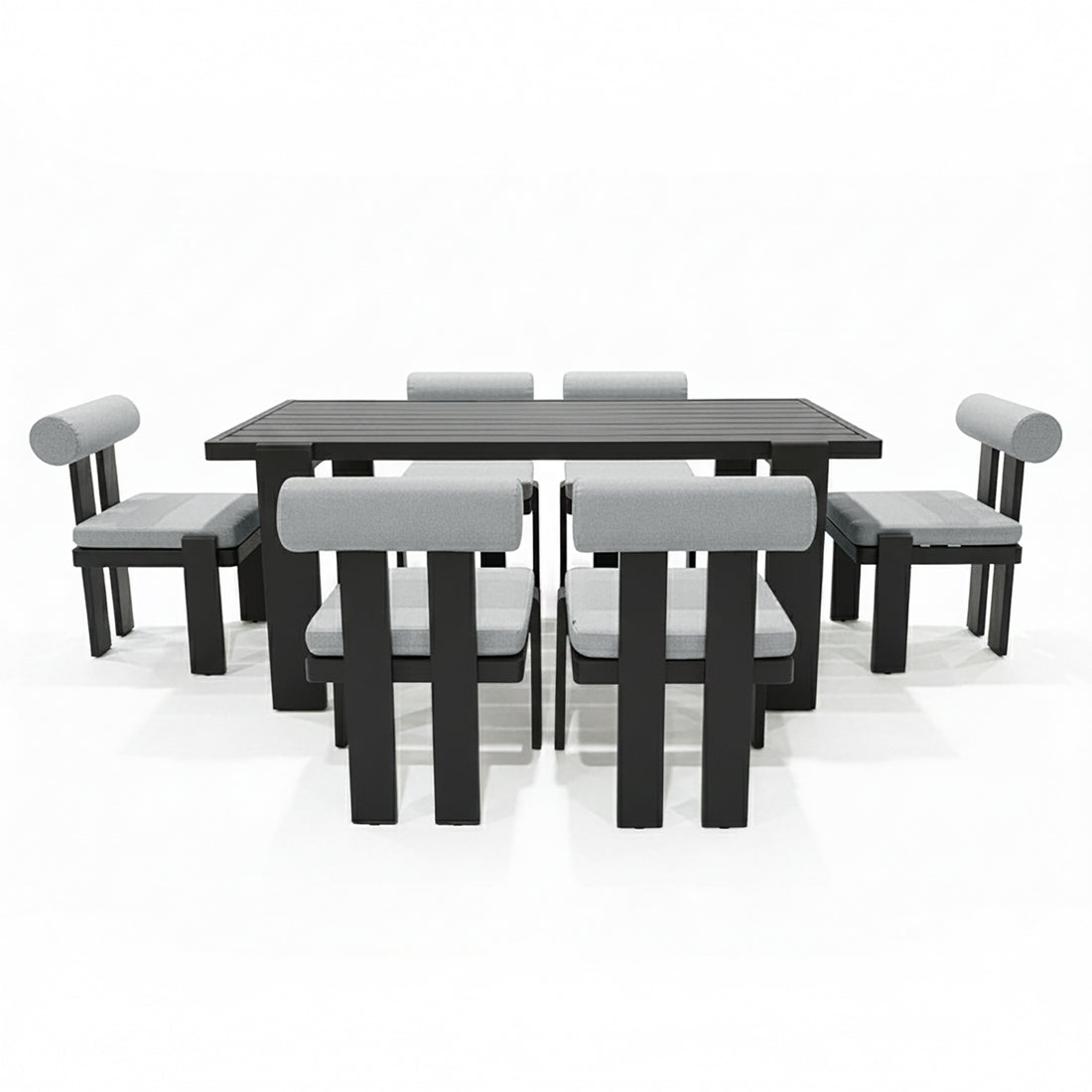 Positano 6 Seater Outdoor Dining Set in Black & Grey featuring a sleek black table with slatted top, six matching chairs with light-gray cushions, and cylindrical bolster backrests, perfect for stylish outdoor gatherings.