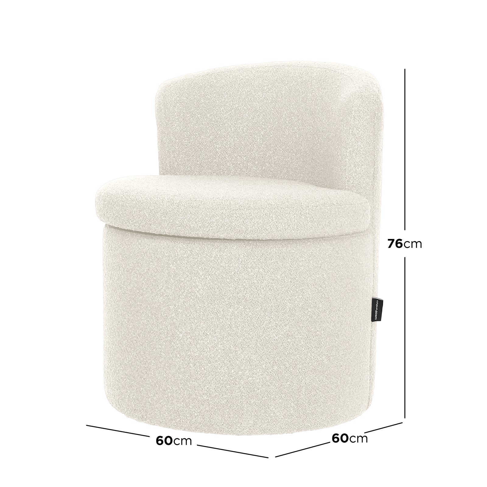 Sorra Bouclé Swivel Storage Accent Chair in Cream White, featuring a modern barrel design, low curved backrest, and compact dimensions of 60x60x76 cm, showcasing its soft bouclé upholstery and hidden storage.