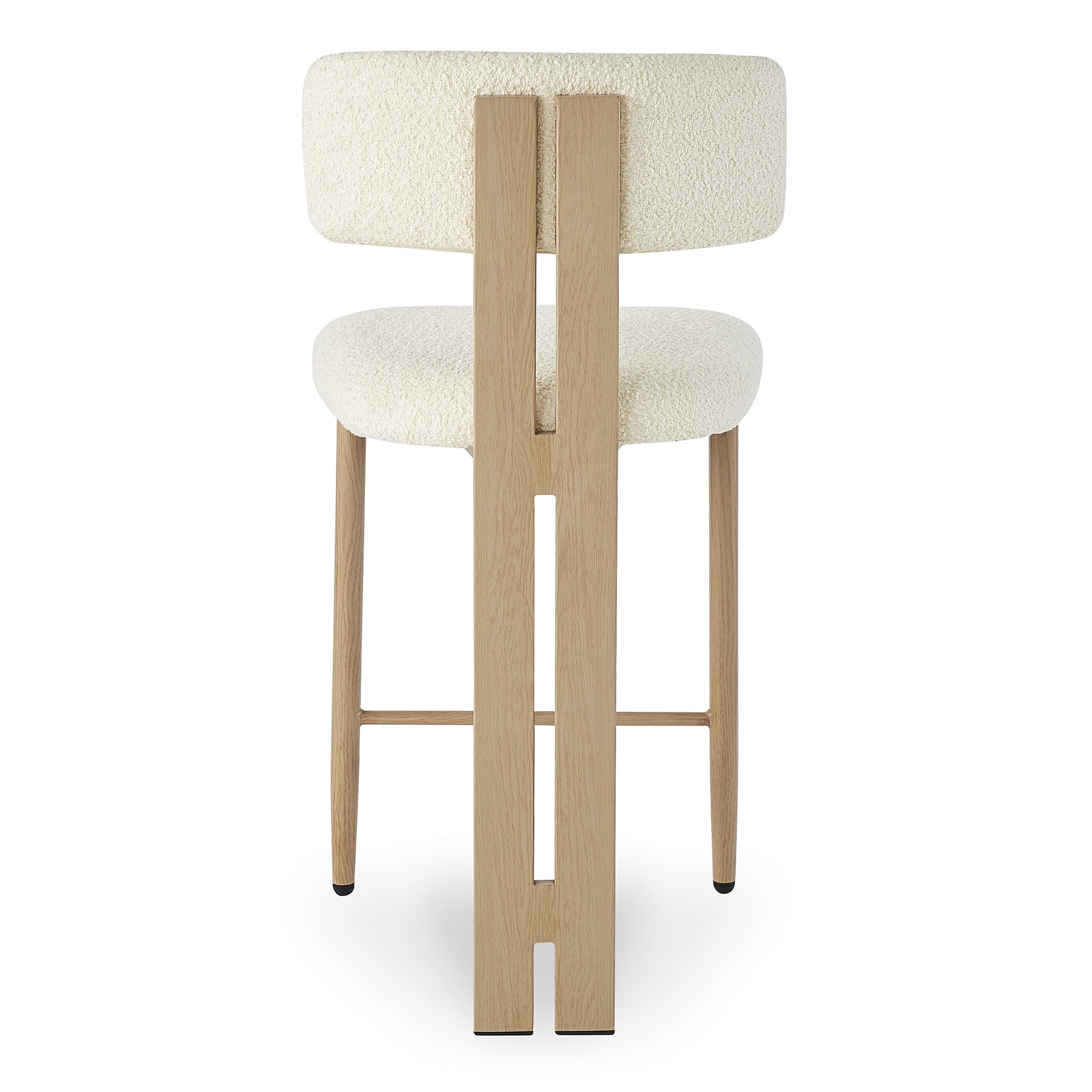 Haleo Curved Boucle Fabric Barstool Set of 2 in Cream White, featuring slim light-oak-finished legs, a curved upholstered backrest, and soft bouclé fabric for comfort and style.