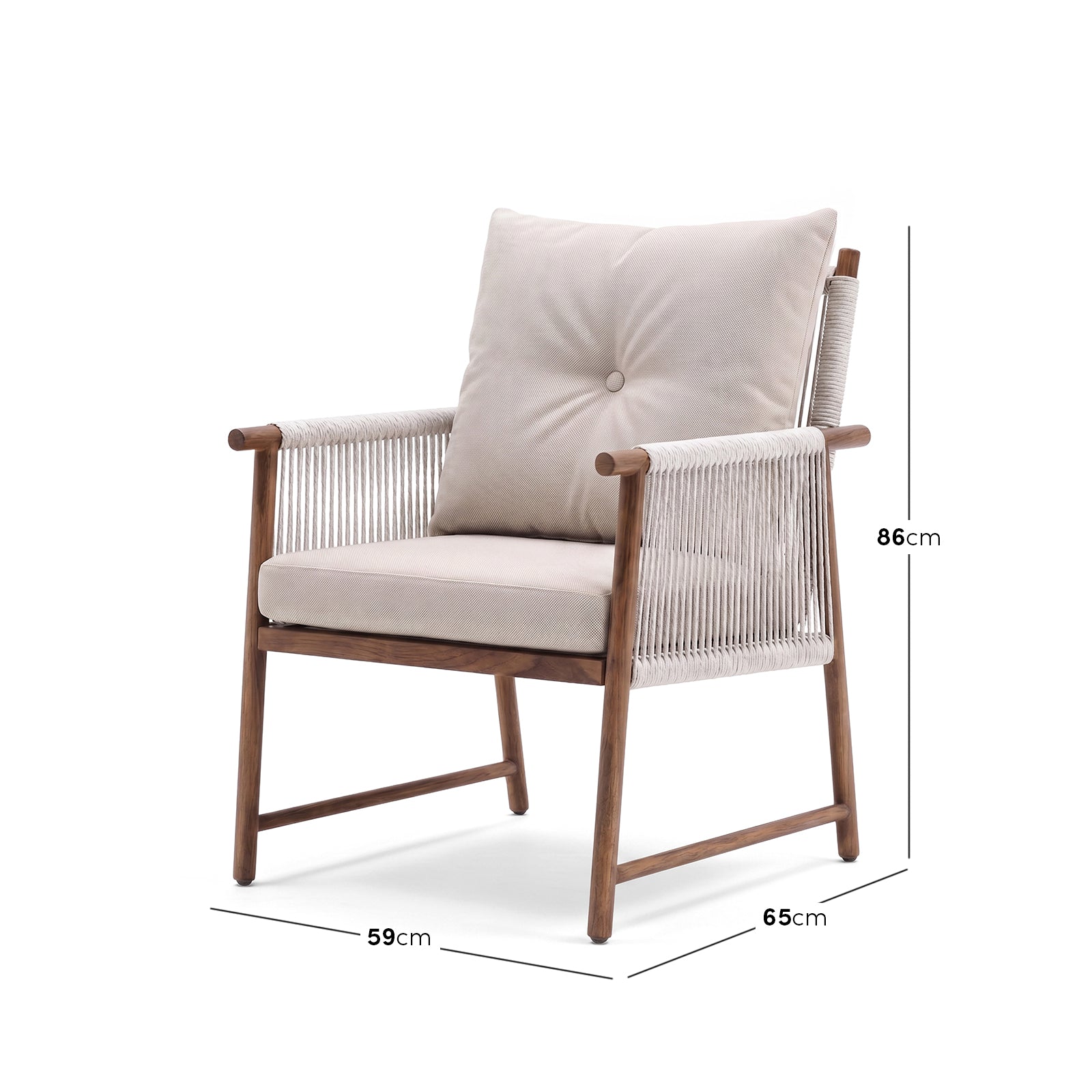 Modern armchair on white background with height, width, and depth measurements displayed