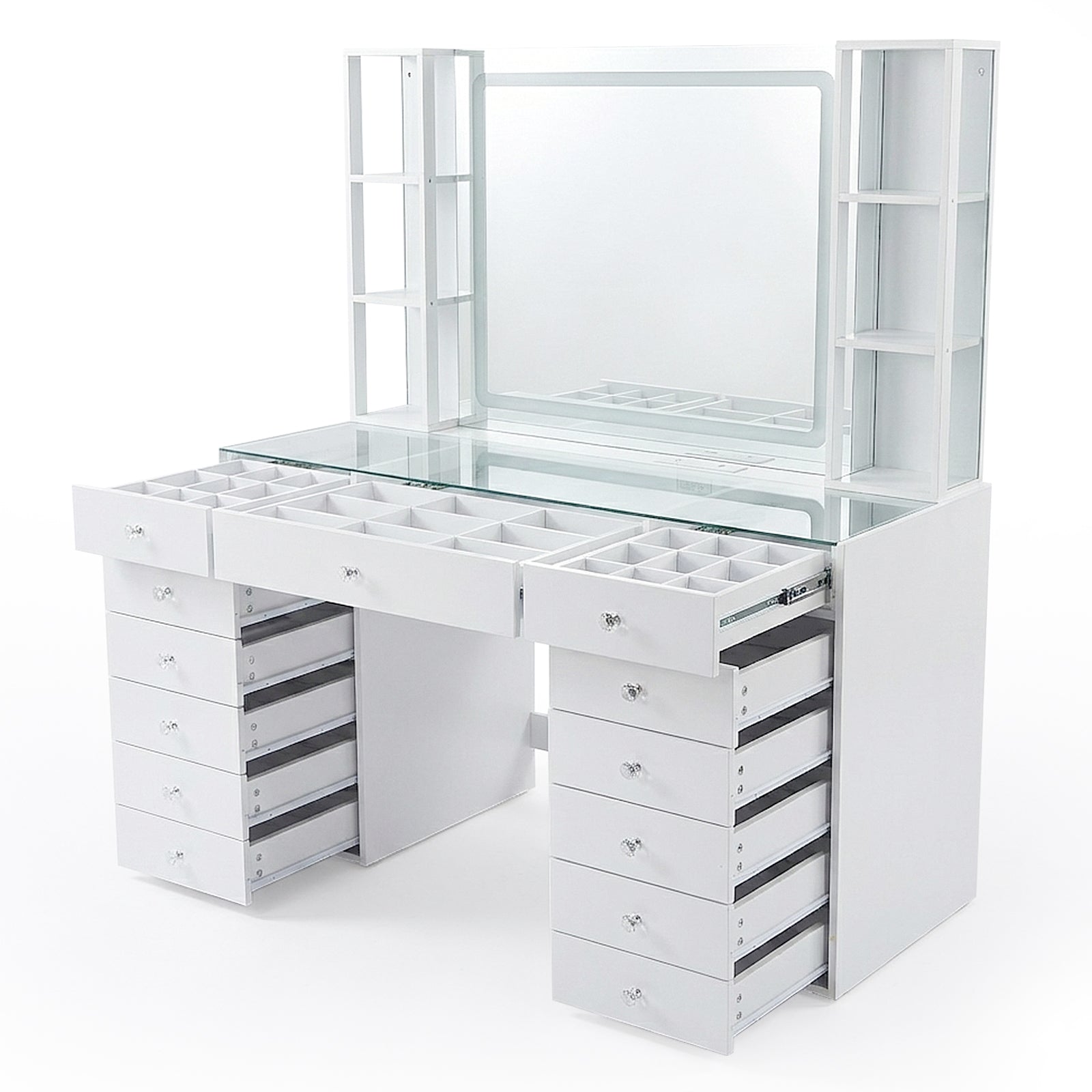 White vanity table with glass top, shelving, and drawers on white background