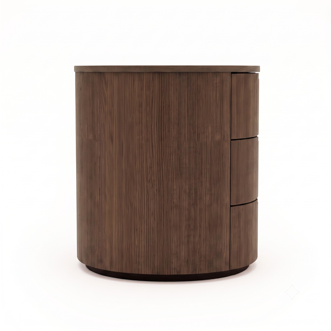 Round wooden nightstand with three drawers on a white background
