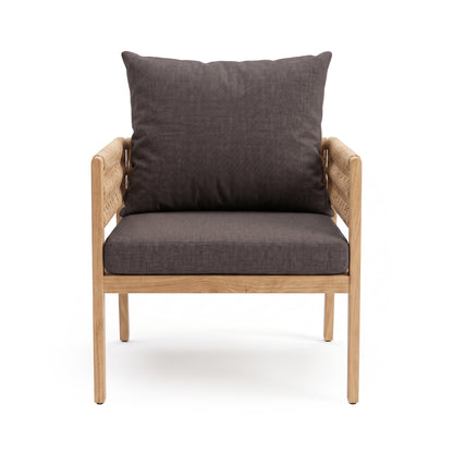 Front-facing accent chair with wooden frame and dark cushions on white background