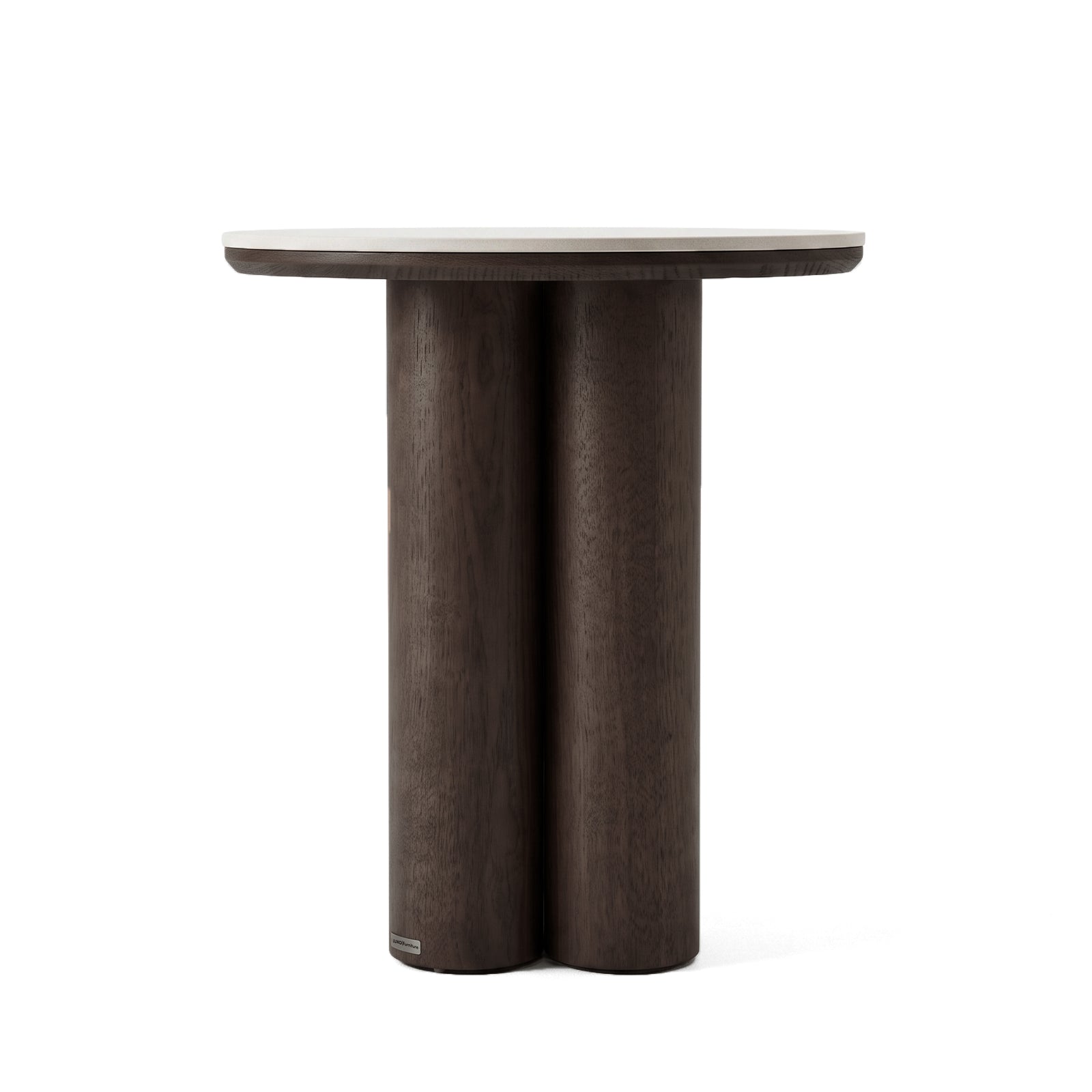 Round dark wood side table on a white background