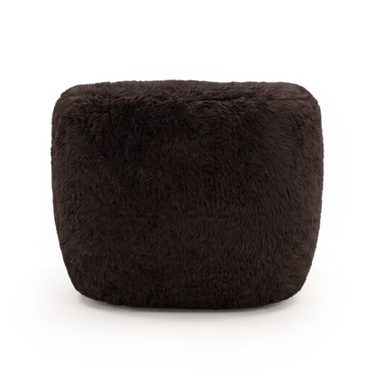 Back view of chocolate brown fuzzy accent chair on a white background