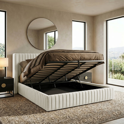 Upholstered storage bed with raised platform in a modern neutral bedroom