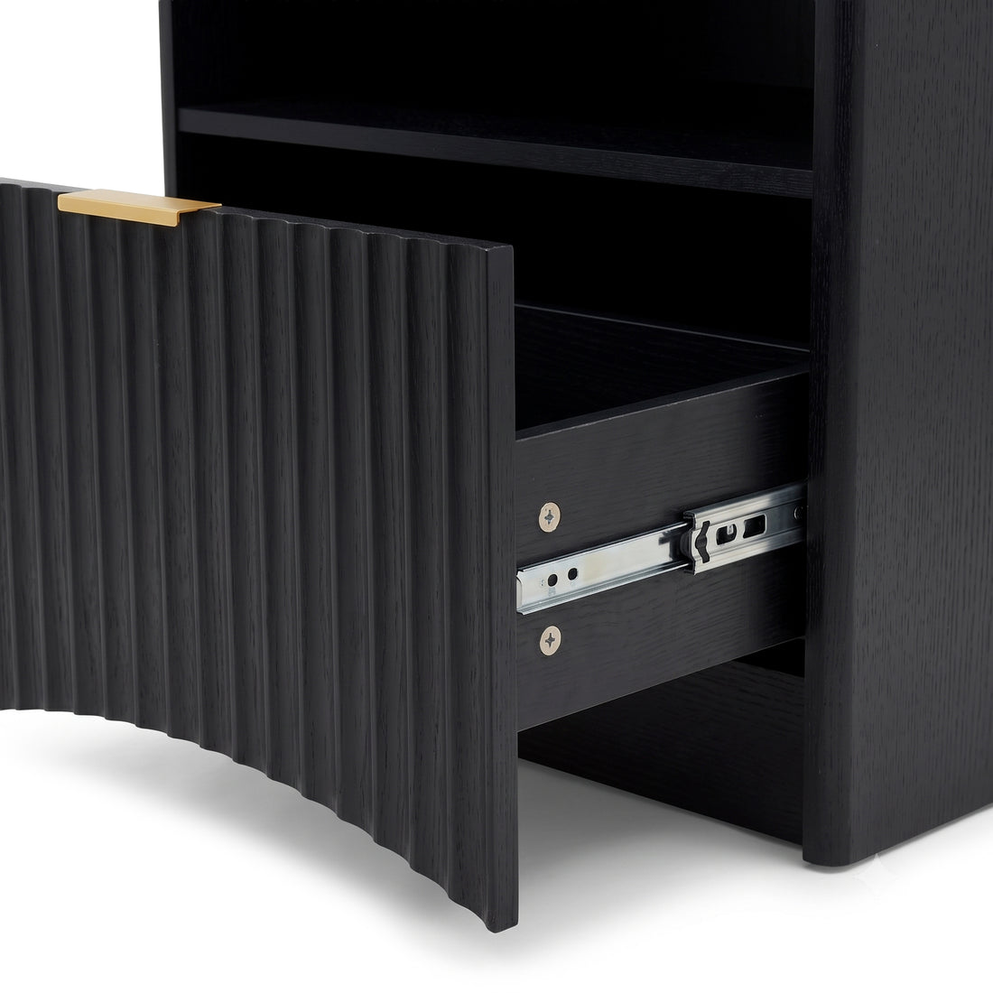 Close-up of a black nightstand drawer partially opened with visible slide rail mechanism