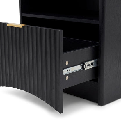 Close-up of a black nightstand drawer partially opened with visible slide rail mechanism
