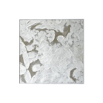Luma Framed Canvas Wall Art 105 x 105cm in White features textured, impasto-style paint over a gray-beige background, creating a sculptural relief enhanced by light and shadow, framed for a modern finish.