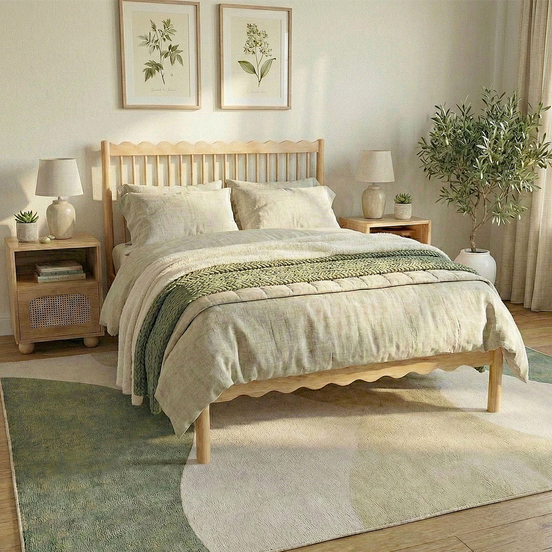 Wooden bed in a modern bedroom with neutral bedding, nightstands, and plants