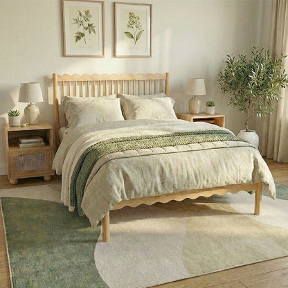 Wooden bed in a modern bedroom with neutral bedding, nightstands, and plants