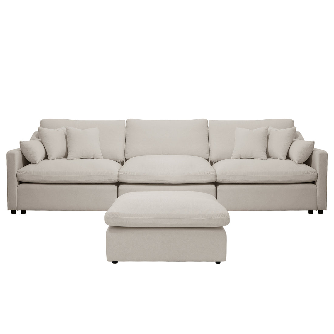 Light beige sectional sofa with ottoman on white background