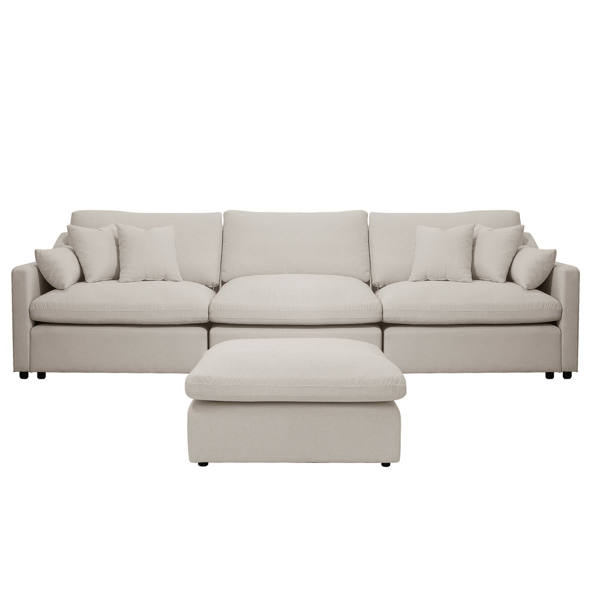 Light beige sectional sofa with ottoman on white background