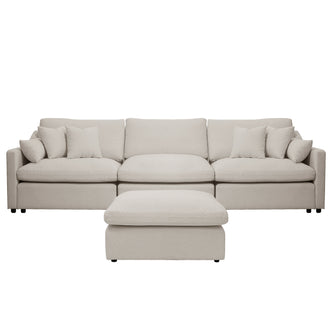 Light beige sectional sofa with ottoman on white background