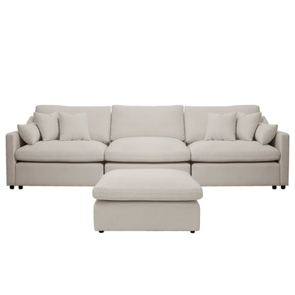 Light beige sectional sofa with ottoman on white background