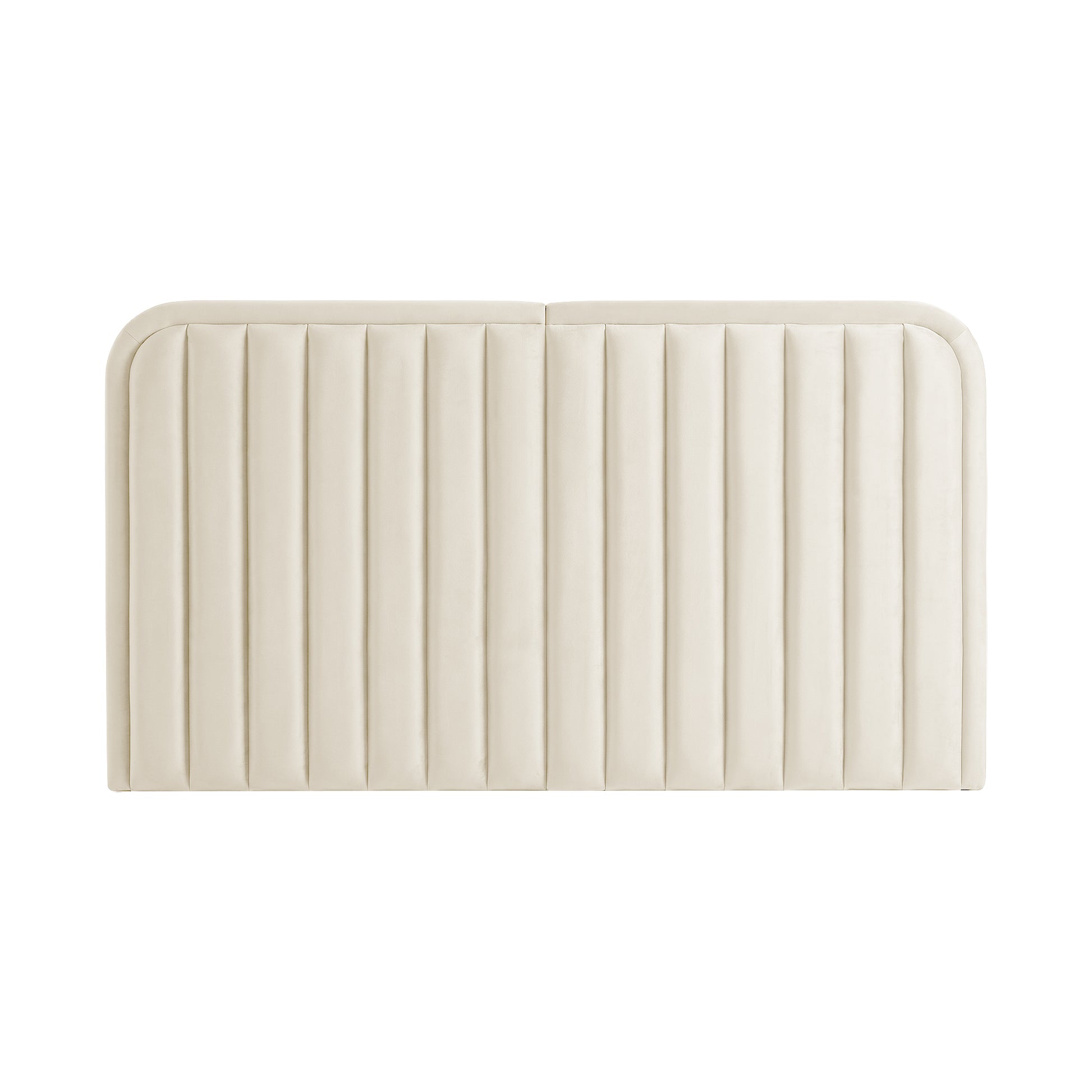 Cream upholstered headboard with channel tufting on white background