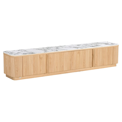 Light wood media cabinet with four doors and marble-effect top on white background