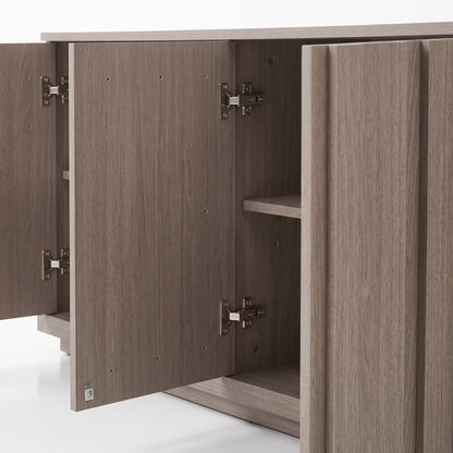 Open wooden cabinet showing interior shelf details on a white background