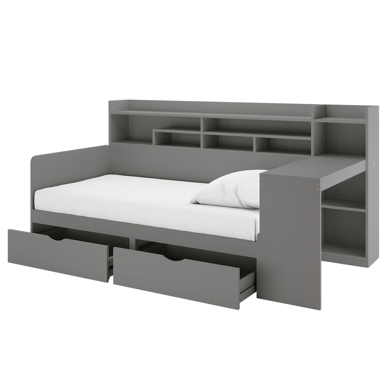 Hally Storage Single Bed with Desk and Drawers in Grey, featuring a low back, side panels, full-width headboard with shelves, two pull-out drawers, and an attached side desk unit.