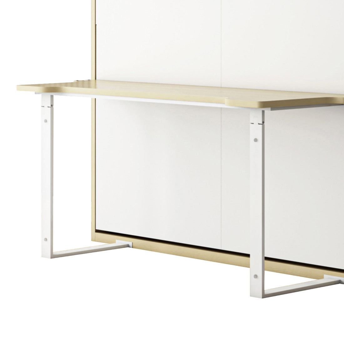 The Logan Desk and Foldout Queen Wall Bed showcases a modern wall-mounted desk with a light wood top, rounded edges, and white metal brackets, ideal for flexible, space-saving living solutions.