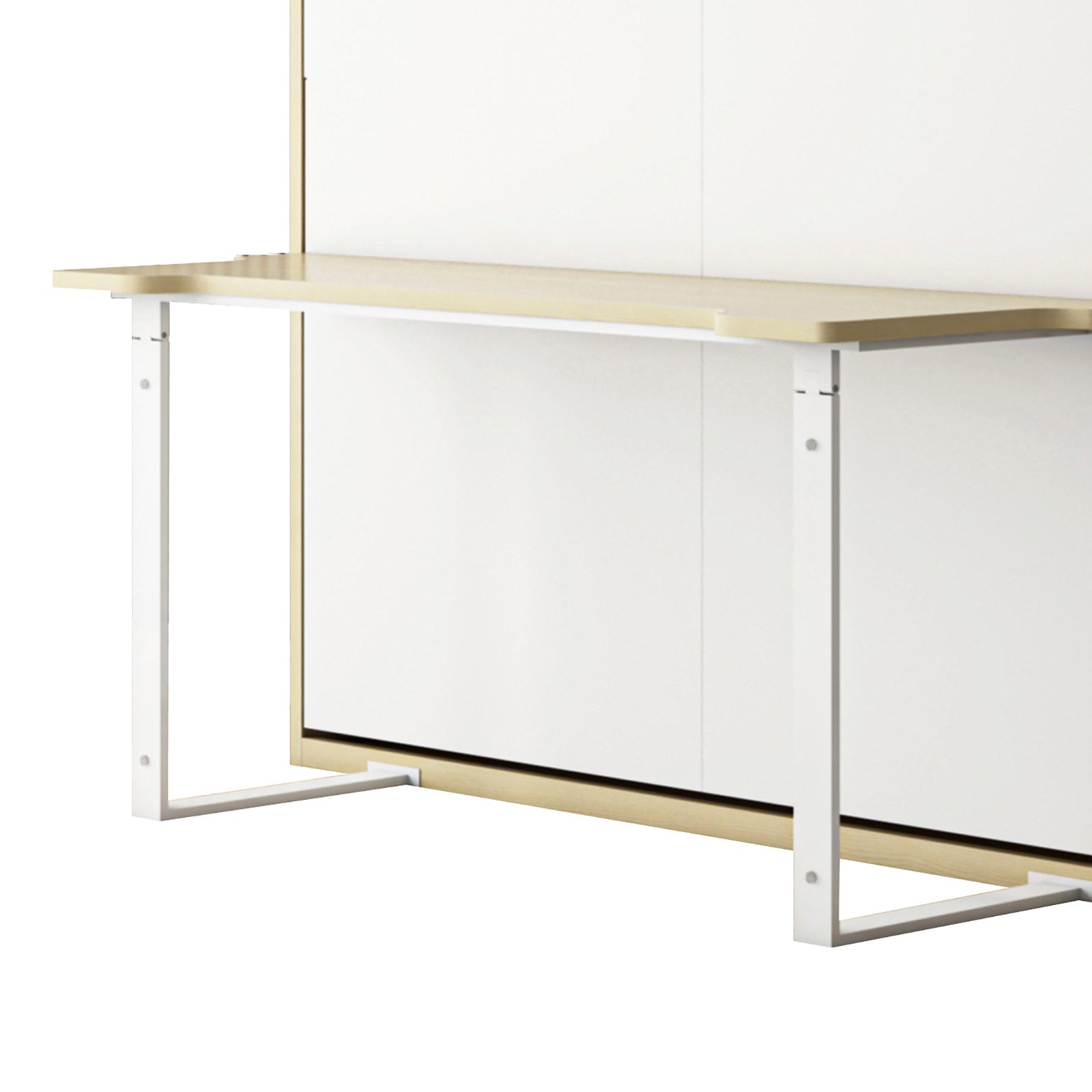 The Logan Desk and Foldout Queen Wall Bed showcases a modern wall-mounted desk with a light wood top, rounded edges, and white metal brackets, ideal for flexible, space-saving living solutions.