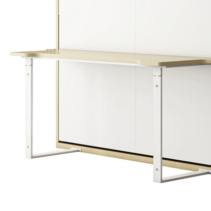 The Logan Desk and Foldout Queen Wall Bed showcases a modern wall-mounted desk with a light wood top, rounded edges, and white metal brackets, ideal for flexible, space-saving living solutions.