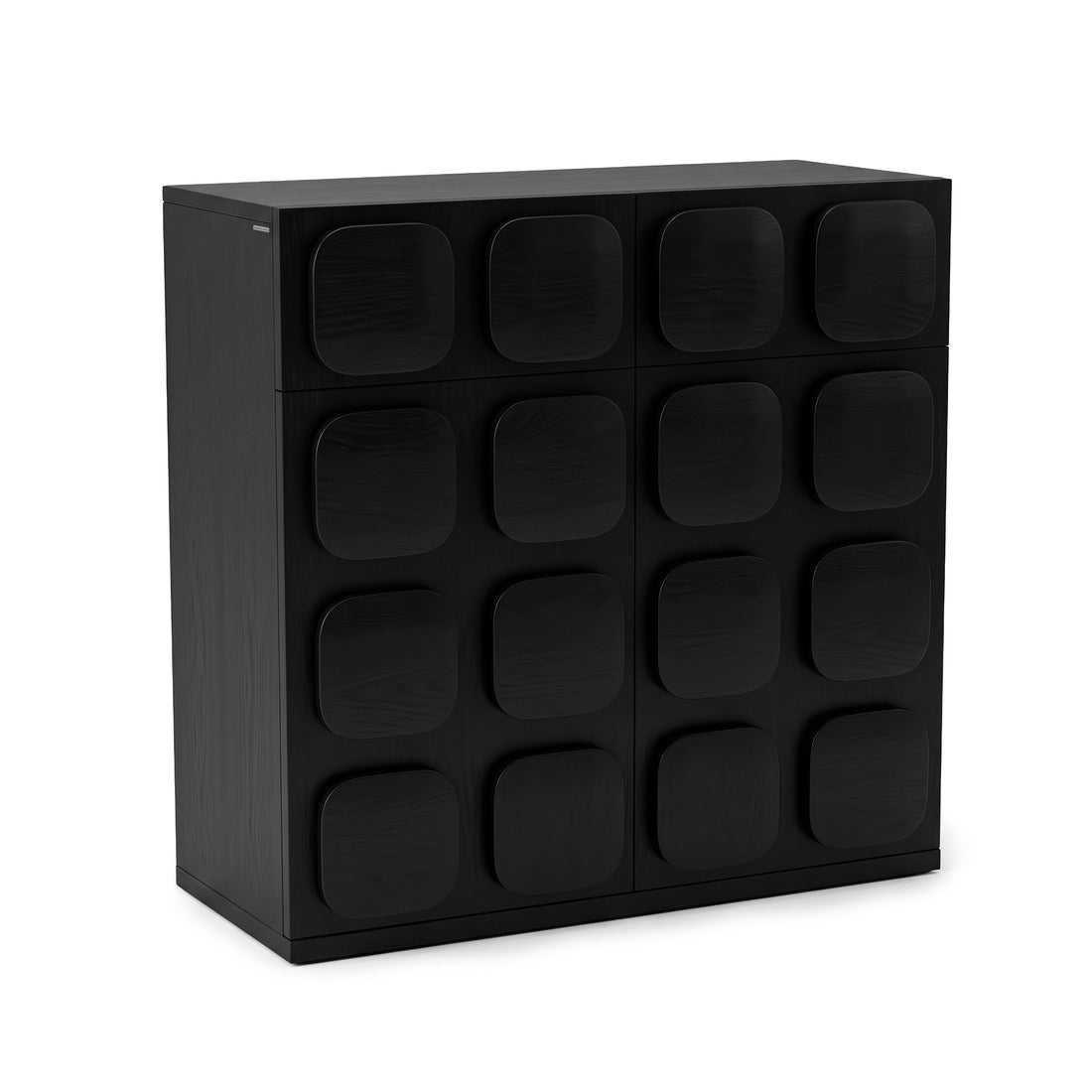 Black modern cabinet with geometric front on a white background