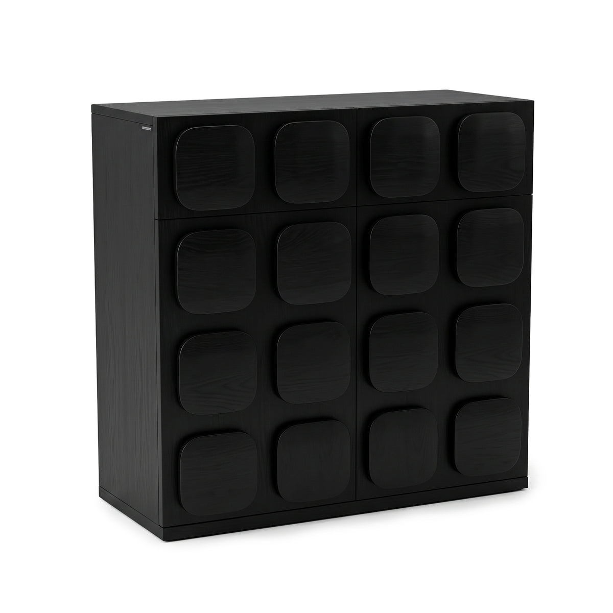 Black modern cabinet with geometric front on a white background